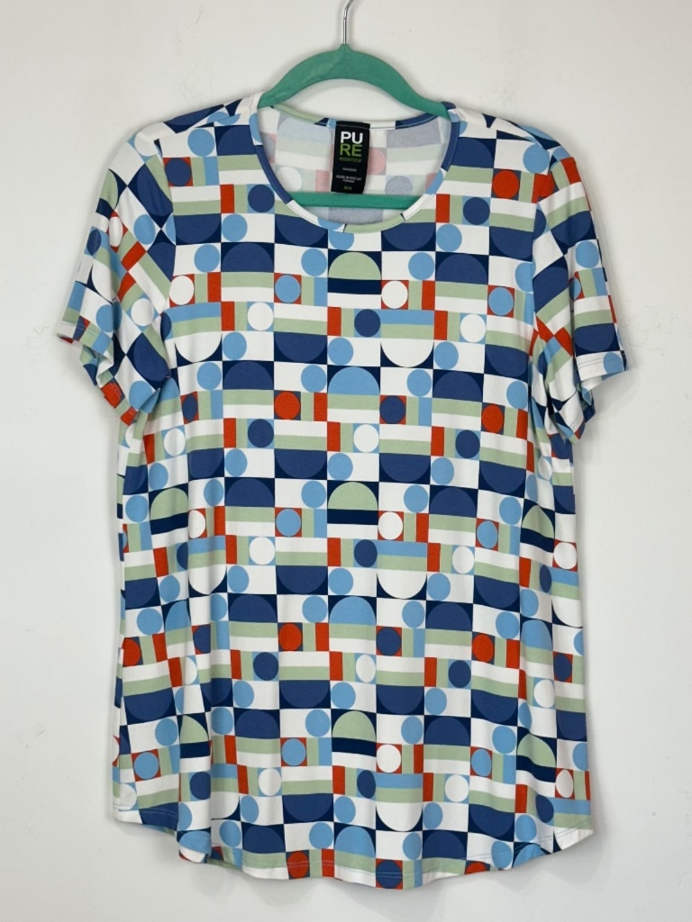 Pure Essence Womens Geometric Short Sleeve Top M Colorful Mod